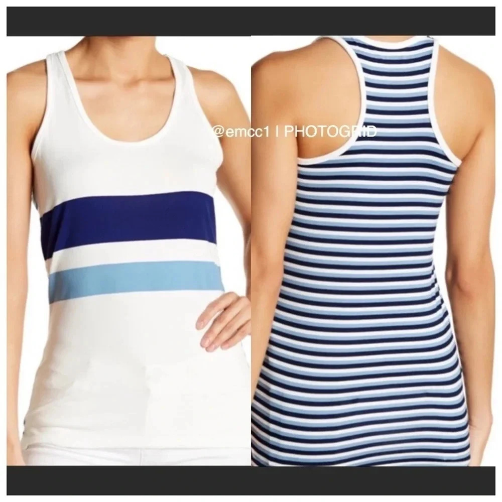 Poof Striped Racerback Tank Top White Blue Shirt L